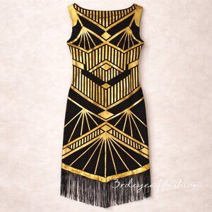 🖤✨ Art Deco Flapper Dress Gold Fringe 1920s Party Costume ✨🖤Size M-L